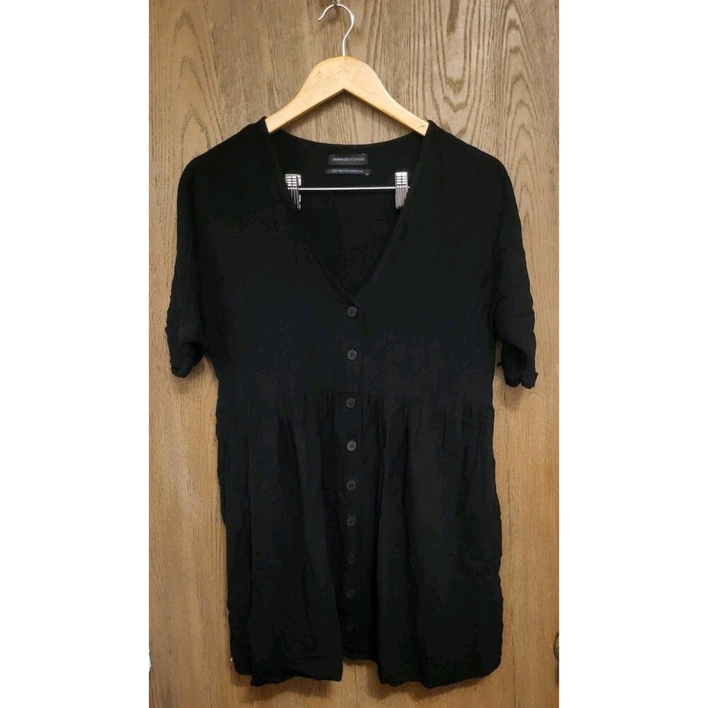 Urban Outfitters Black Linen Short Sleeve V-Neck Button Down Dress Size Small